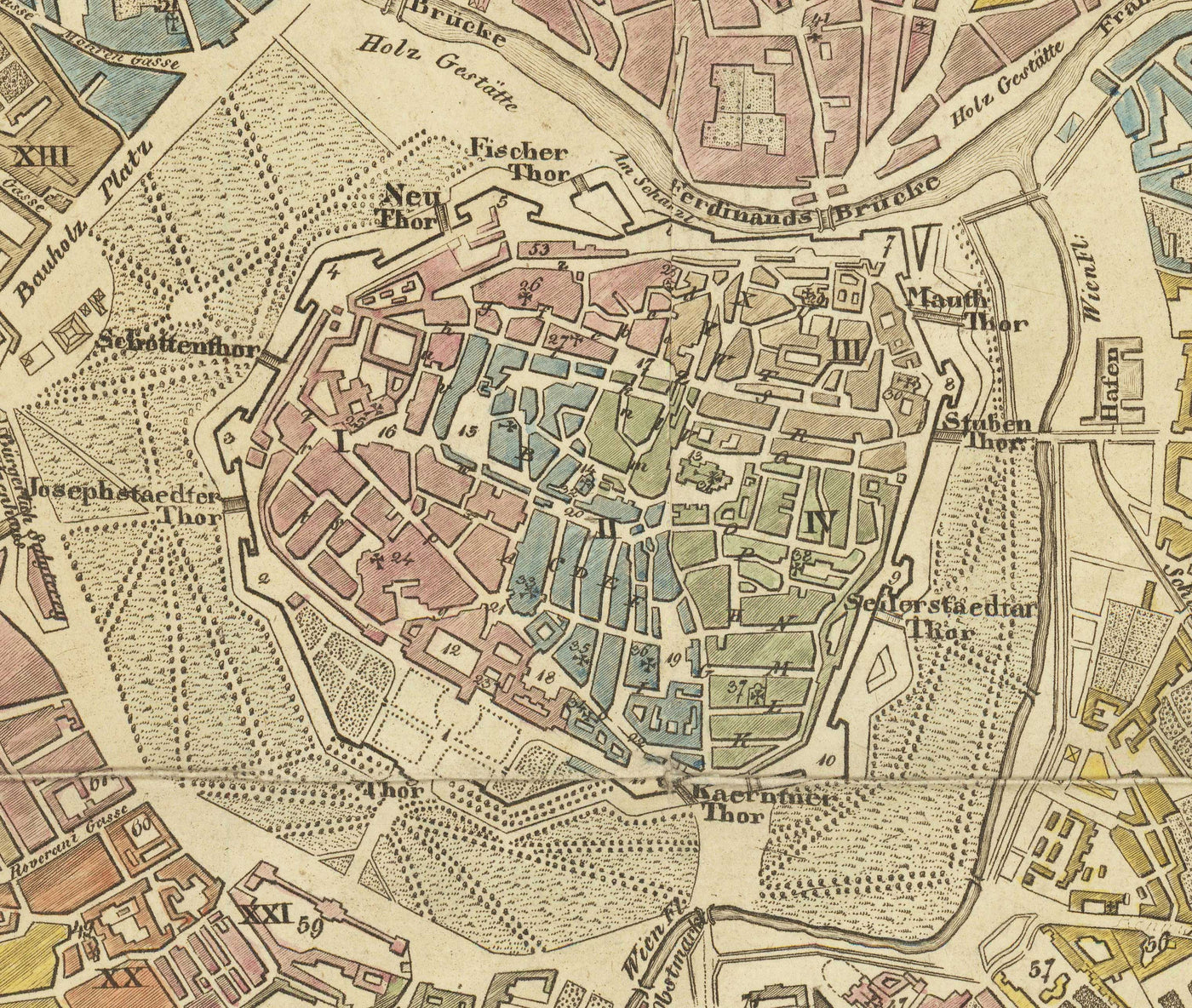 Alte Karte von Wien von Tranquillo Mollo aus dem Jahr 1803 - Augarten, Praterstern, Franzensbrücke, Burggarten, Stadtpark