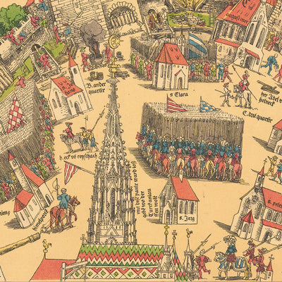 Antiguo mapa pictórico del asedio turco de Viena por Meldeman, 1530: San Esteban, campamentos, fortificaciones, incendios, brechas