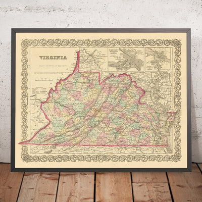 Old map of Virginia by Colton, 1859: Richmond, Alexandria, Norfolk, Lynchburg, Petersburg