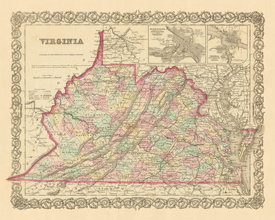 Antiguo mapa de Virginia por Colton, 1859: Richmond, Alejandría, Norfolk, Lynchburg, Petersburgo