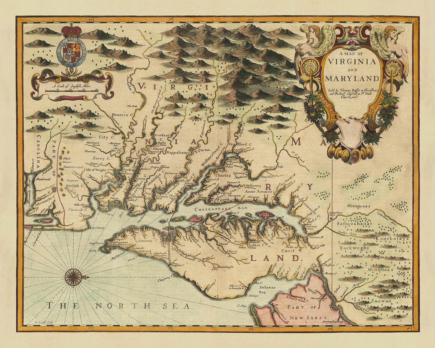 Old Map of Virginia & Maryland by John Speed, 1676: Jamestown, Yorktown, the Chesapeake Bay, and the Mason-Dixon Line