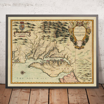 Antica mappa della Virginia e del Maryland di John Speed, 1676: Jamestown, Yorktown, la baia di Chesapeake e la linea Mason-Dixon 