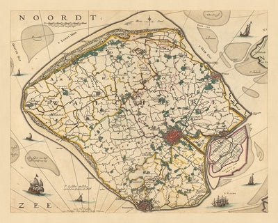 Mapa antiguo de la isla Walcheren, Zelanda por Visscher, 1690: Middelburg, Vlissingen, Domburg, Veere, Koudekerke