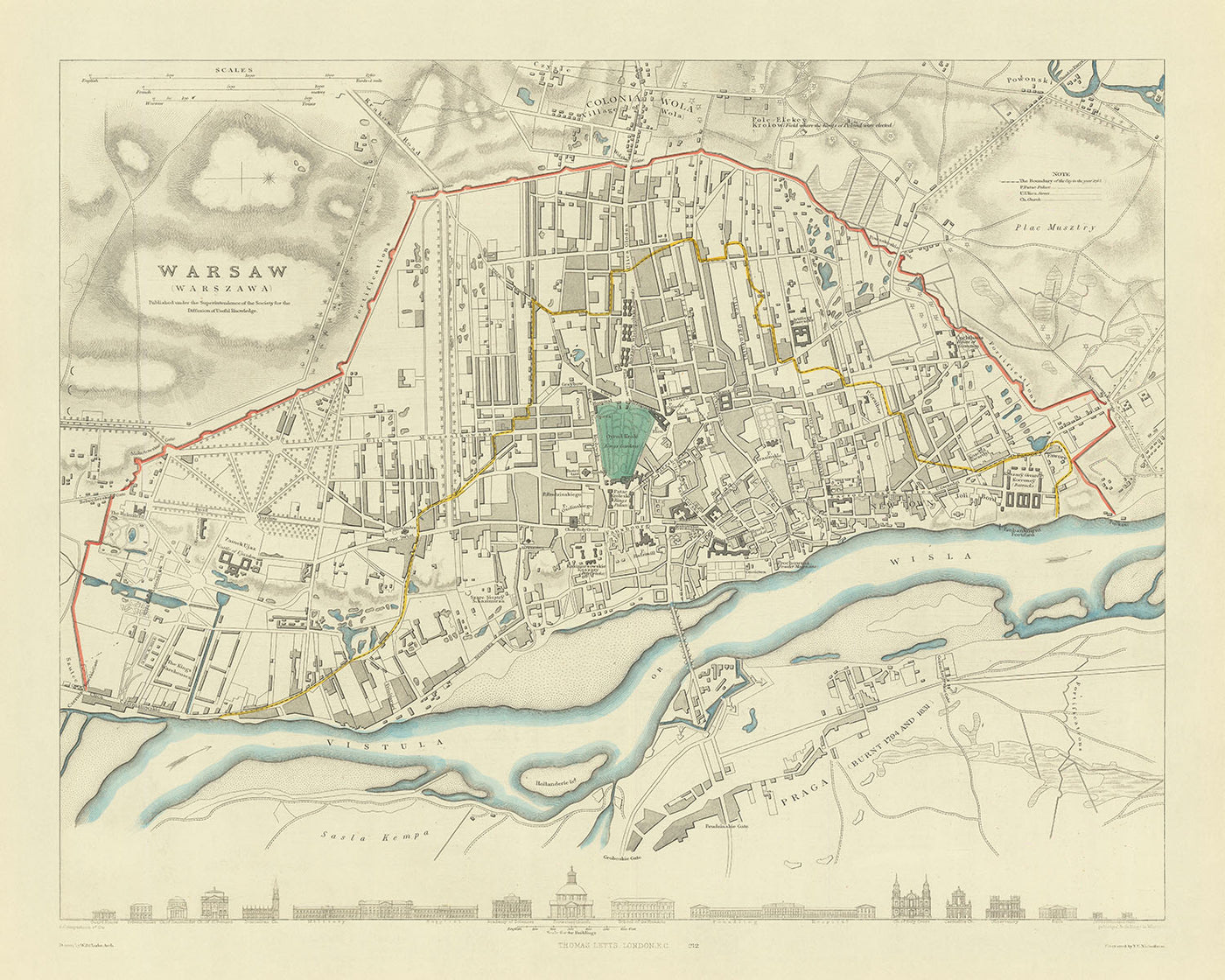 Old Map of Warsaw, 1870: Vistula River, Old Town, Łazienki Park, Royal Castle, Museums