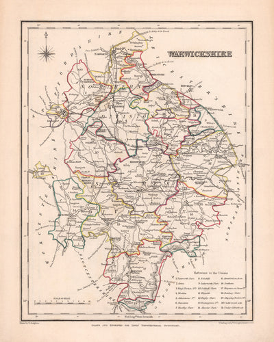 Mapa antiguo de Warwickshire por Samuel Lewis, 1844: Birmingham, Coventry, Stratford-upon-Avon, Warwick, Rugby