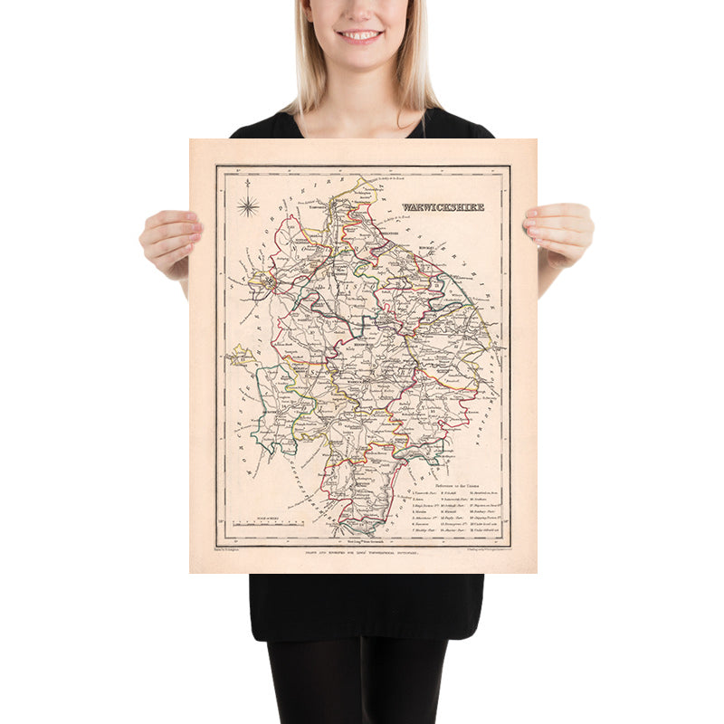 Mapa antiguo de Warwickshire por Samuel Lewis, 1844: Birmingham, Coventry, Stratford-upon-Avon, Warwick, Rugby
