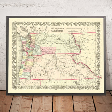 Alte Karte von Washington und Oregon von Colton, 1859: Olympia, Vancouver, Salem, Portland, Walla Walla 