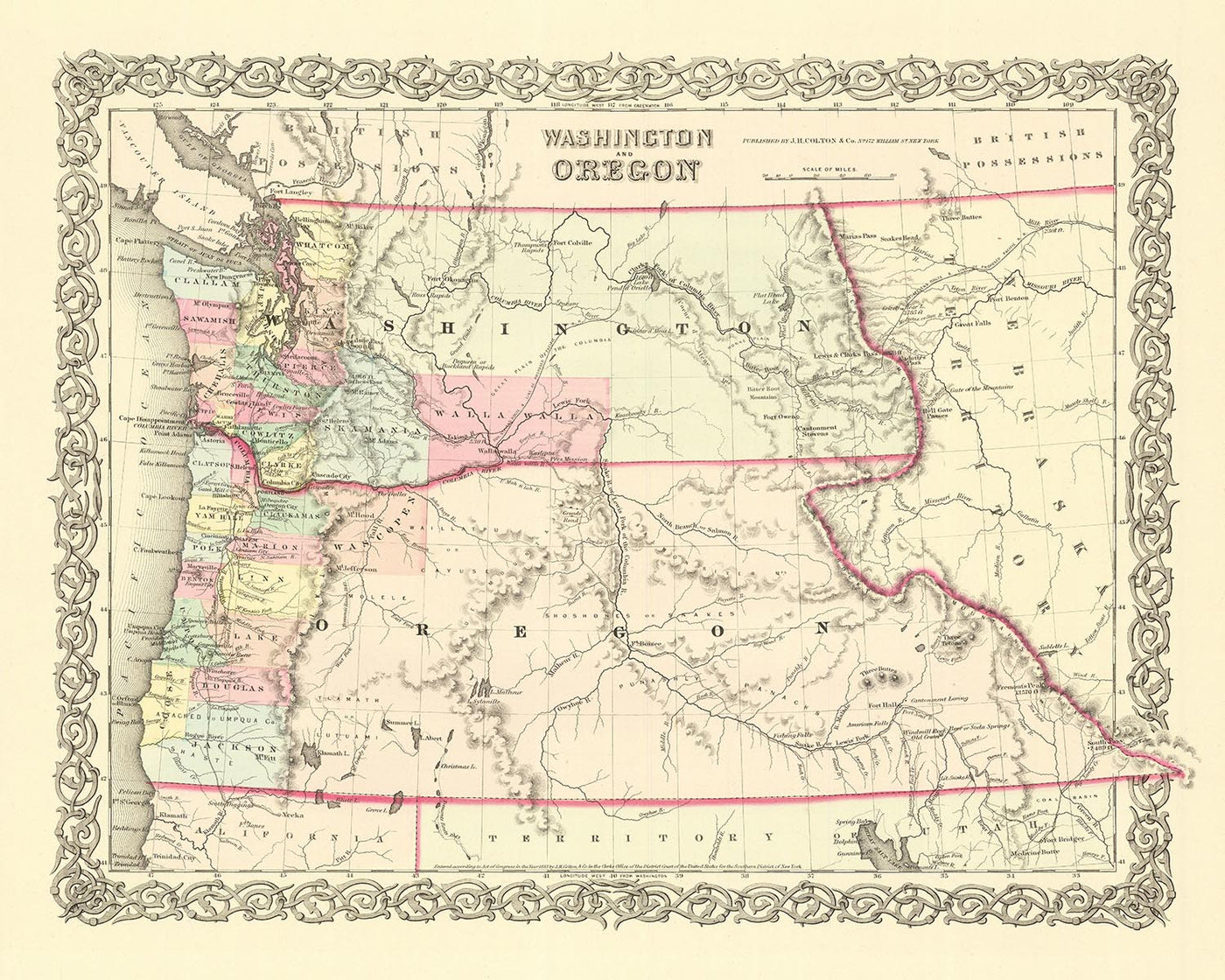 Old map of Washington & Oregon by Colton, 1859: Olympia, Vancouver, Salem, Portland, Walla Walla