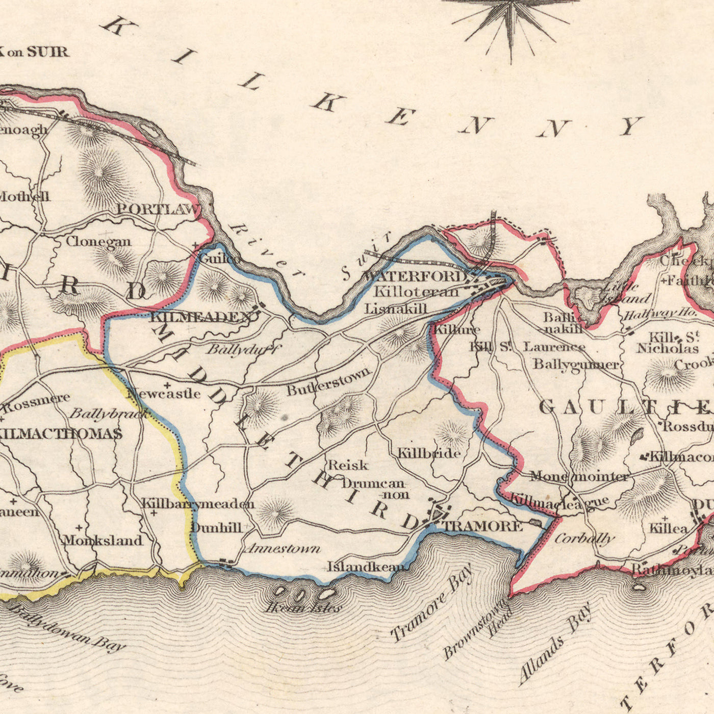 Old Map of County Waterford by Samuel Lewis, 1844: Dungarvan, Lismore, Cappoquin, Tramore, Dunmore East