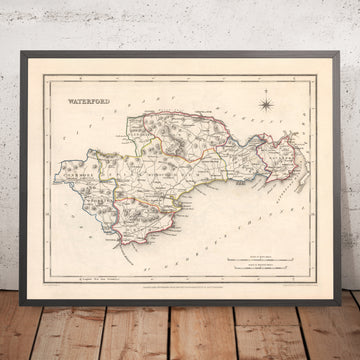 Ancienne carte du comté de Waterford par Samuel Lewis, 1844 : Dungarvan, Lismore, Cappoquin, Tramore, Dunmore East
