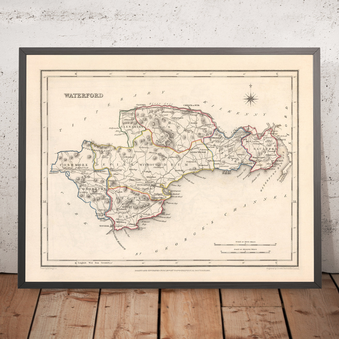 Old Map of County Waterford by Samuel Lewis, 1844: Dungarvan, Lismore, Cappoquin, Tramore, Dunmore East