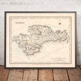 Alte Karte des County Waterford von Samuel Lewis, 1844: Dungarvan, Lismore, Cappoquin, Tramore, Dunmore East 
