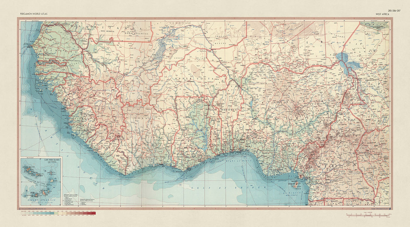 Mapa del Viejo Mundo de África Occidental por el Servicio de Topografía del Ejército Polaco, 1967: Mapa político y físico detallado de los países de África Occidental