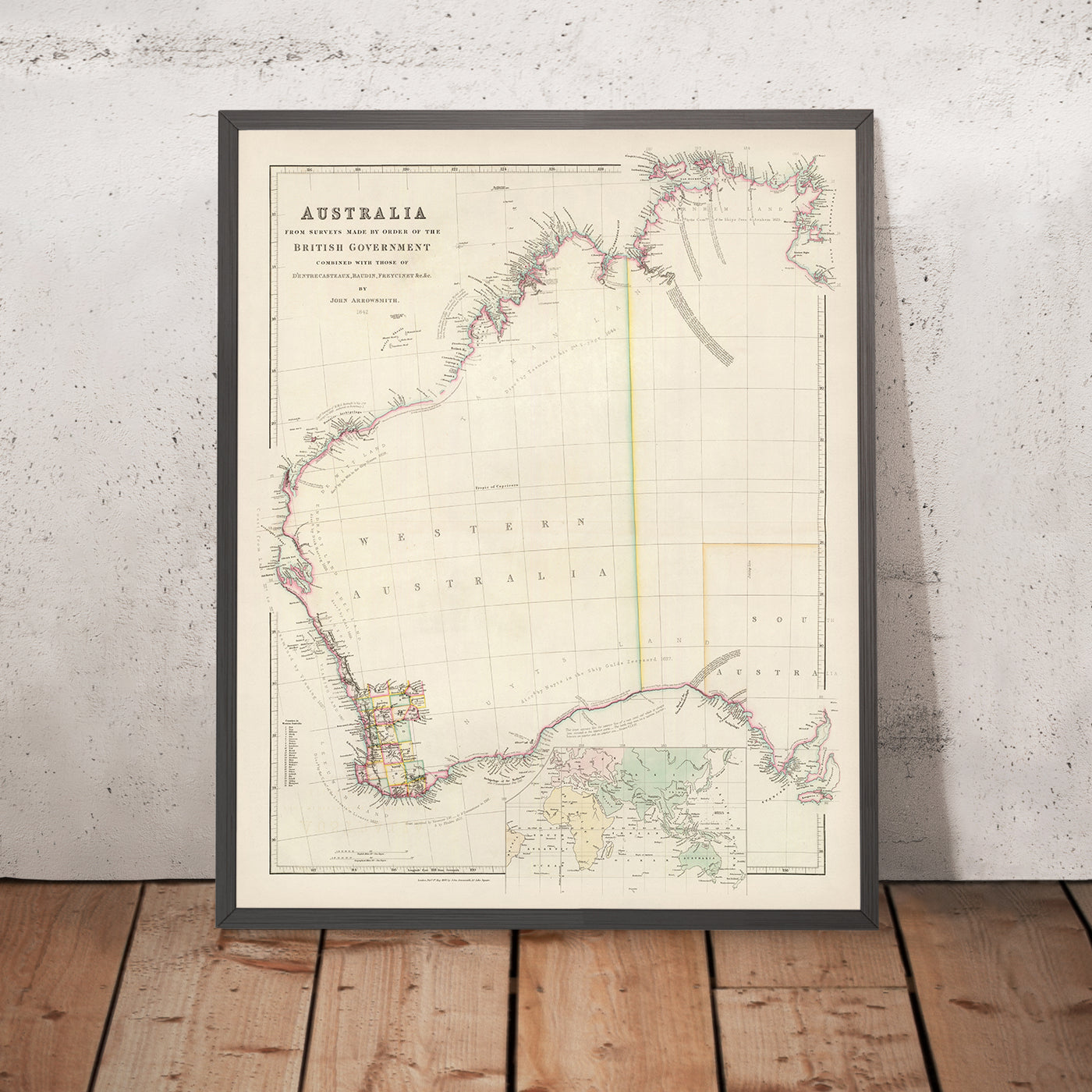 Old Map of Western Australia by Arrowsmith, 1844: Perth, Adelaide, Coastlines, Counties, Discoveries