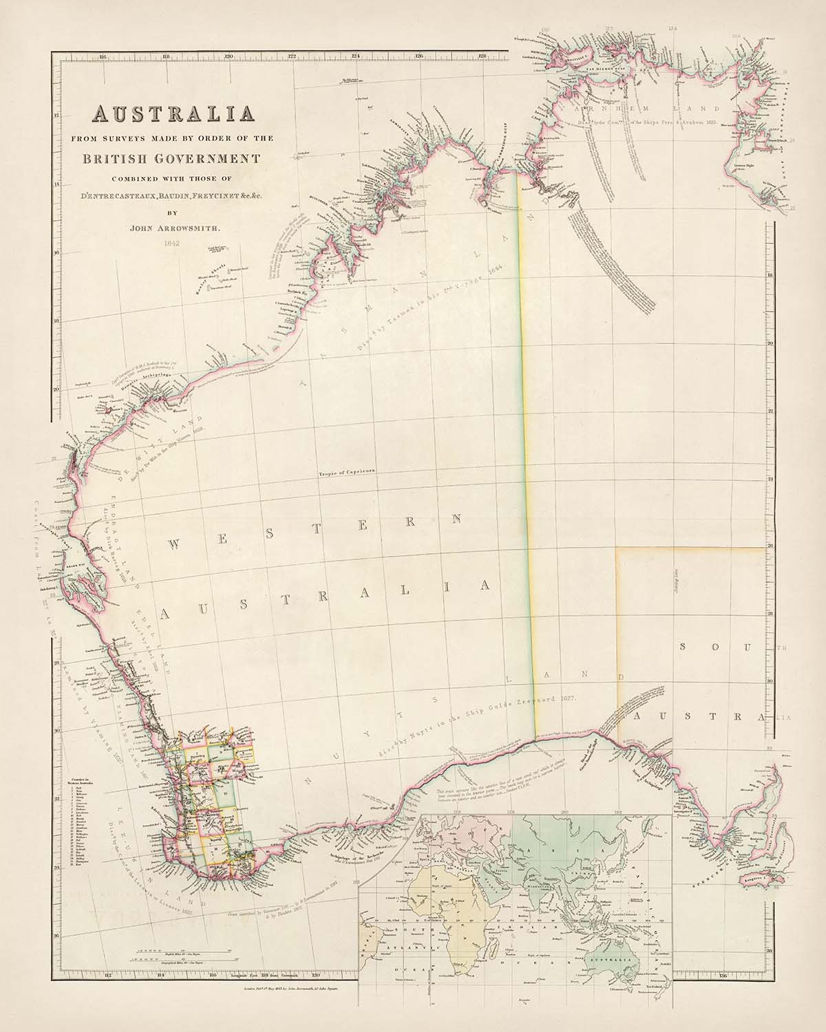 Old Map of Western Australia by Arrowsmith, 1844: Perth, Adelaide, Coastlines, Counties, Discoveries