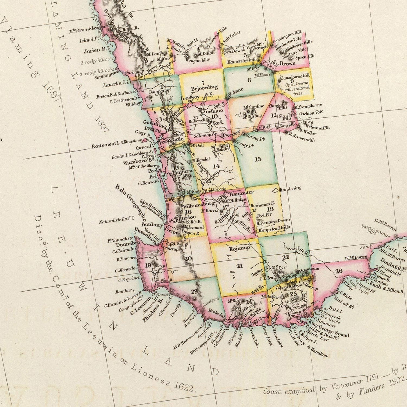 Ancienne carte de l'Australie occidentale par Arrowsmith, 1844 : Perth, Adélaïde, côtes, comtés, découvertes