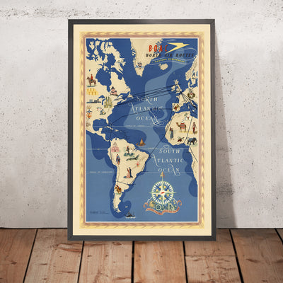 Old Pictorial Map of Western Hemisphere Air Routes by BOAC, 1949: Dawn of the Jet Age