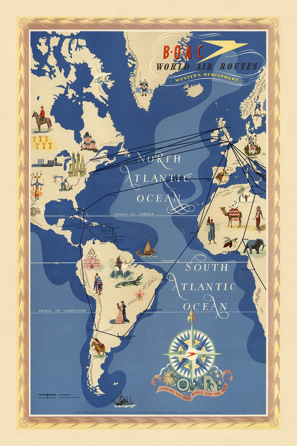 Old Pictorial Map of Western Hemisphere Air Routes by BOAC, 1949: Dawn of the Jet Age
