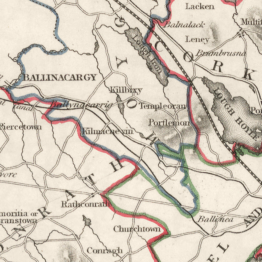 Mappa antica della Contea di Meath di Samuel Lewis, 1844: Navan, Trim, Kells, Athboy, Collina di Tara 