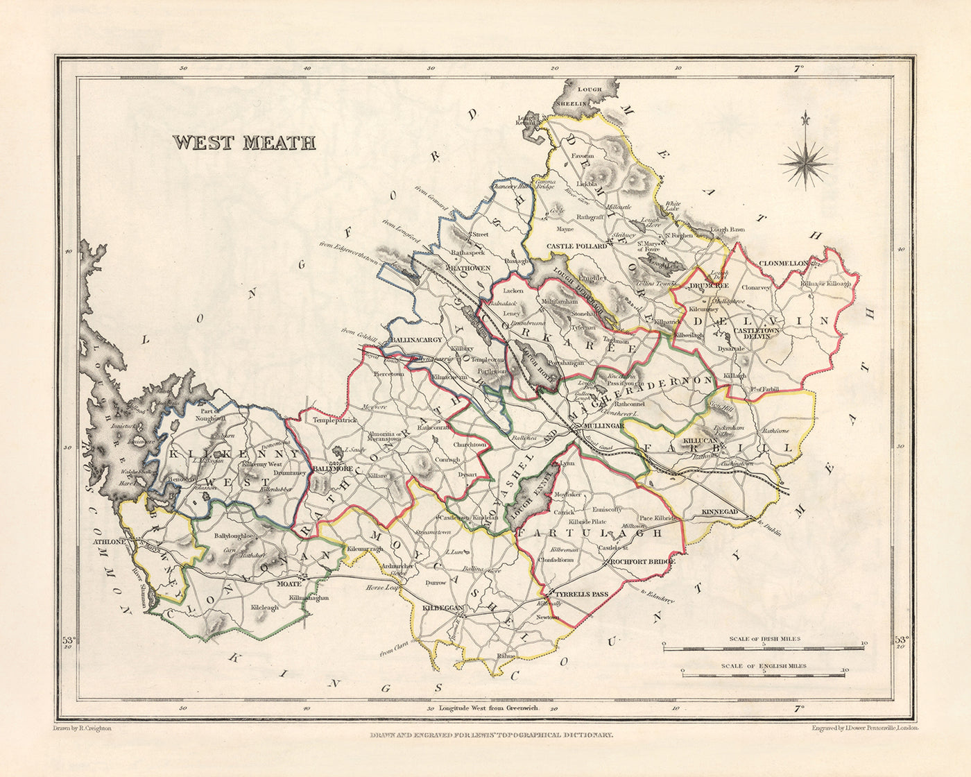 Old Map of County Westmeath by Samuel Lewis, 1844: Mullingar, Athlone, Kilbeggan, Moate, Fore