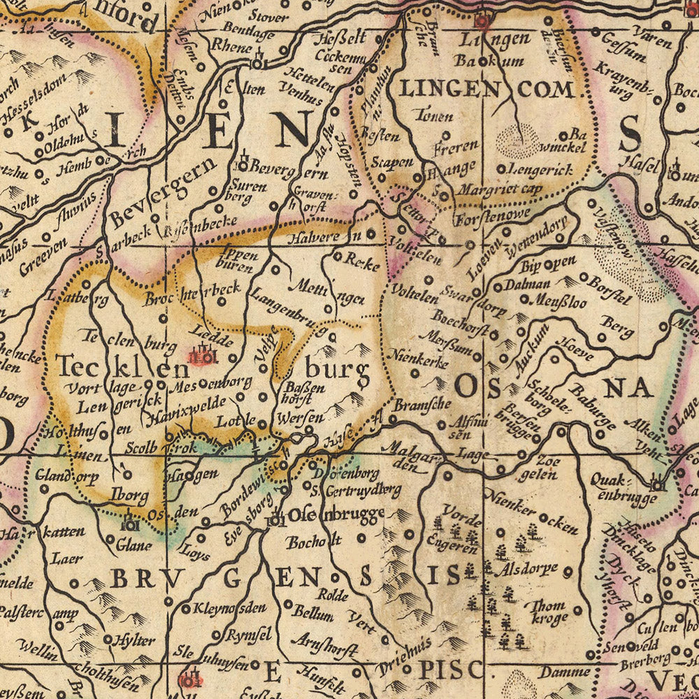 Old Map of Westphalia by Visscher, 1690: Hamburg, Bremen, Hanover, Cologne, Dortmund