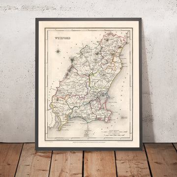Ancienne carte du comté de Wexford par Samuel Lewis, 1844 : Enniscorthy, New Ross, Gorey, fougères et caractéristiques historiques