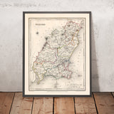 Mapa antiguo del condado de Wexford por Samuel Lewis, 1844: Enniscorthy, New Ross, Gorey, helechos y características históricas