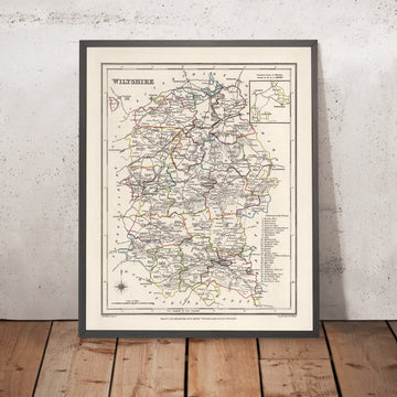 Alte Karte von Wiltshire von Samuel Lewis, 1844: Salisbury, Devizes, Marlborough, Chippenham, Stonehenge 