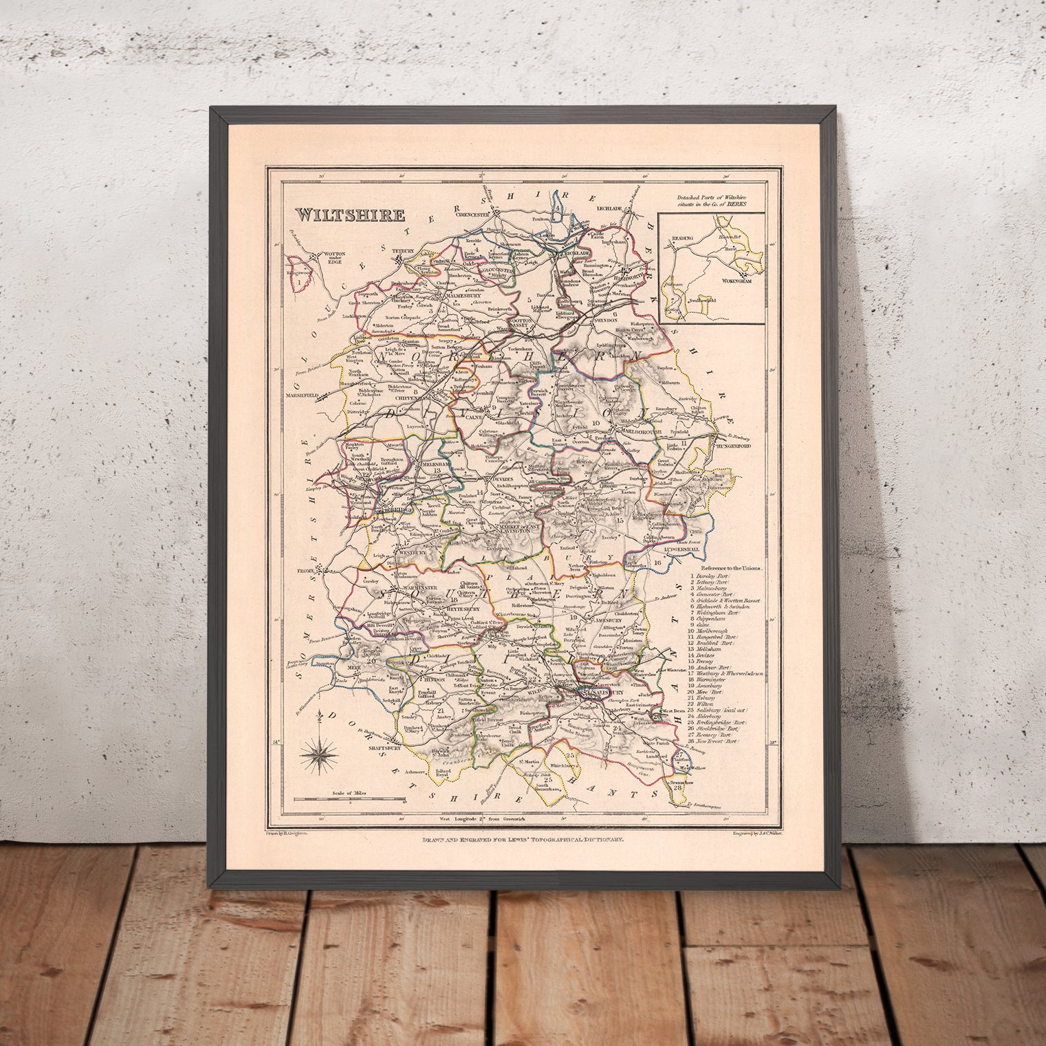Alte Karte von Wiltshire von Samuel Lewis, 1844: Salisbury, Devizes, M ...