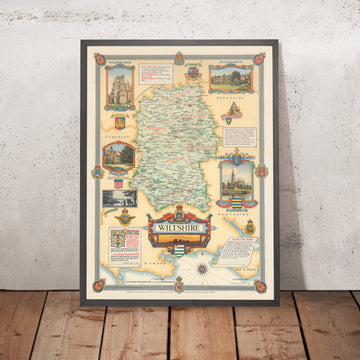 Vecchia mappa pittorica del Wiltshire di Clegg, 1946: Swindon, Salisbury, Stonehenge, Abbazia di Malmesbury, Abbazia di Lacock 