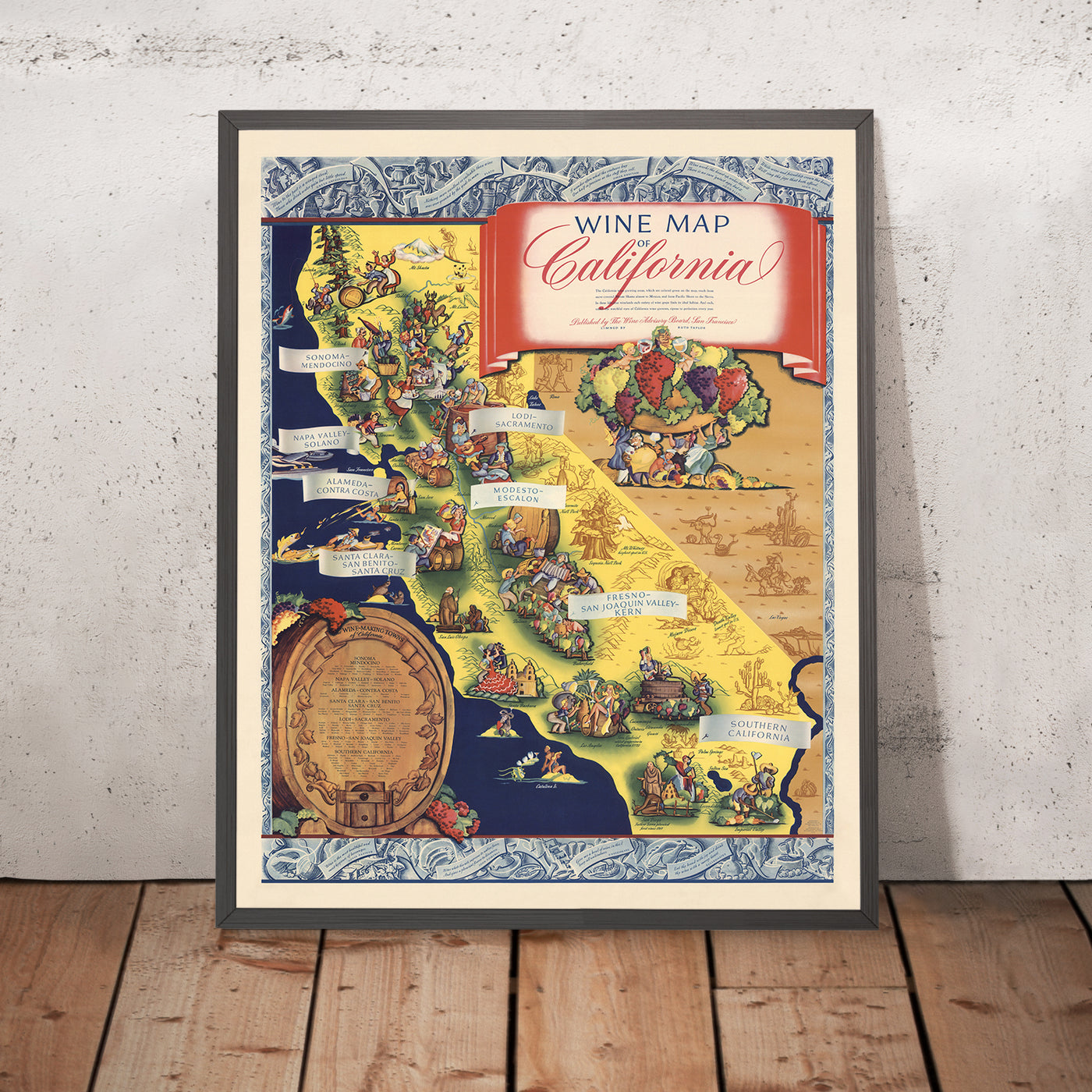 Alte Infografik-Karte der kalifornischen Weinanbaugebiete von White, 1935: Weinherstellung, dekorativer Rand, Vignetten