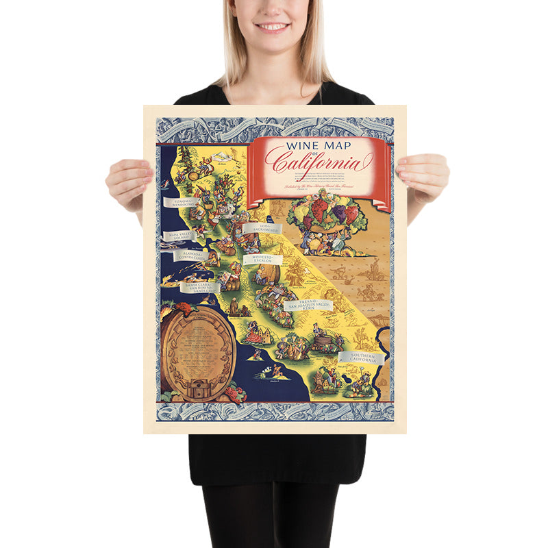 Vecchia mappa delle regioni vinicole della California, 1935: produzione di vino, vigneti, Sonoma, Napa Valley, vignette 
