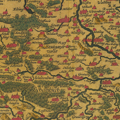 Mapa antiguo de Württemberg de Ortelius, 1587: Stuttgart, río Neckar, fortificaciones, bosques, fronteras