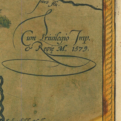 Mapa antiguo de Württemberg de Ortelius, 1587: Stuttgart, río Neckar, fortificaciones, bosques, fronteras