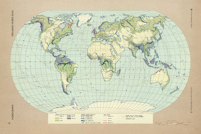 Antiguo mapa infográfico de la hidrografía mundial, 1967: ríos, lagos y océanos