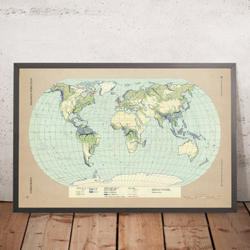 Antiguo mapa infográfico de la hidrografía mundial, 1967: ríos, lagos y océanos