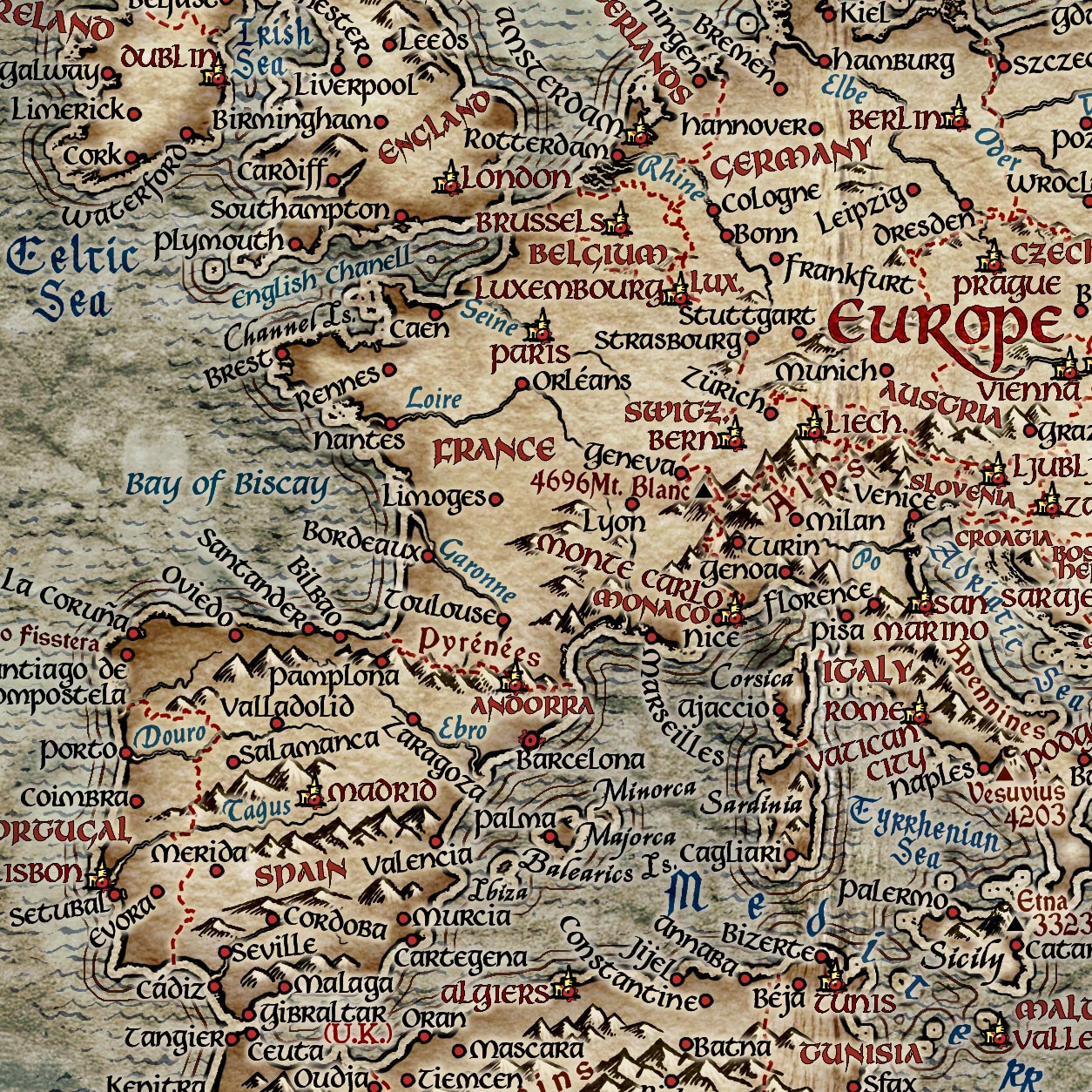 Mapa del Viejo Mundo Mapa mundial de El Señor de los Anillos, 2022: estilo de fantasía, características geográficas detalladas, apariencia vintage