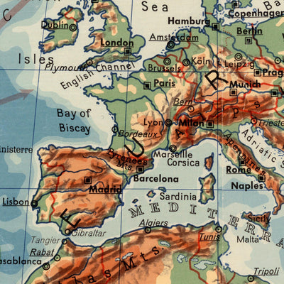 Ancienne carte du monde physique par G Pohlmann, 1950 : tableau des salles de conférence éducatives