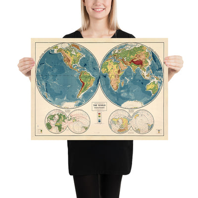 Old School Atlas World Map Rand McNally, 1917: Physical World Chart