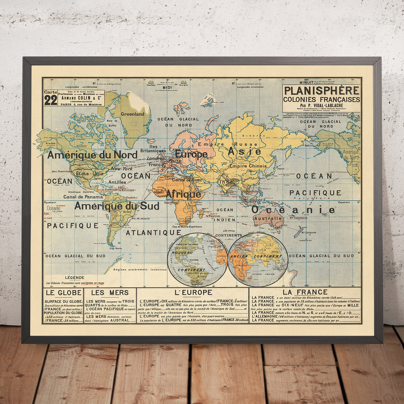 Old French Colonial World Map by Vidal Lablache, 1897: Educational Wall Chart