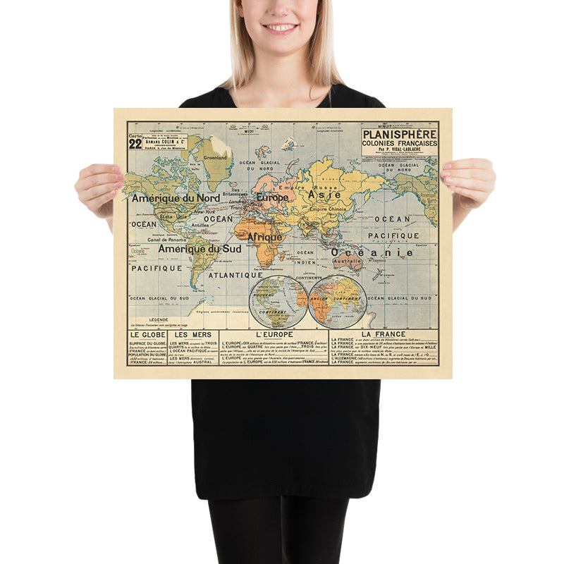 Planisphère de la carte du vieux monde par Armand Colin Editeur : pédagogique, thématique, les colonies françaises mises en valeur