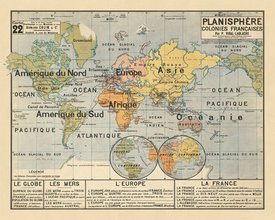 Planisphère de la carte du vieux monde par Armand Colin Editeur : pédagogique, thématique, les colonies françaises mises en valeur