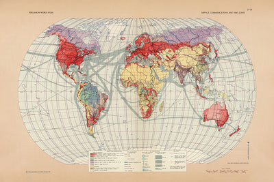 Old Infographic Map of World Surface Communications, 1967: Shipping Routes, Air Routes, Time Zones