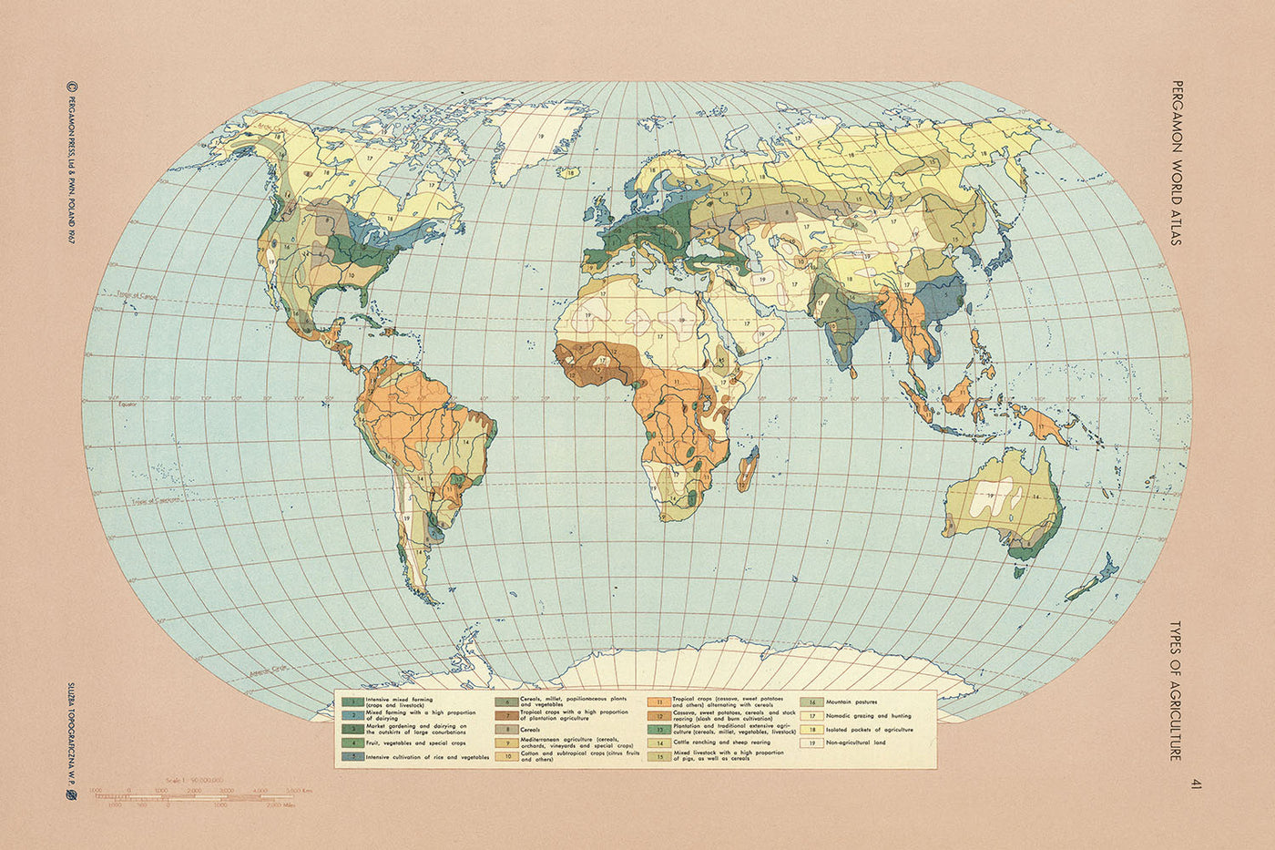 Antiguo mapa infográfico de la agricultura mundial, 1967: uso de la tierra agrícola, sistema alimentario mundial, contexto de la guerra fría