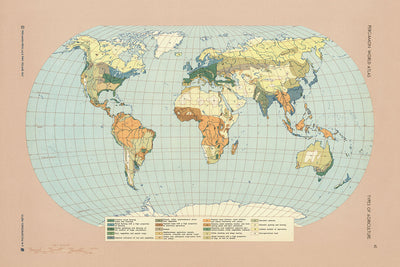 Antiguo mapa infográfico de la agricultura mundial, 1967: uso de la tierra agrícola, sistema alimentario mundial, contexto de la guerra fría