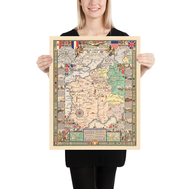 Ancienne carte de la Première Guerre mondiale Front occidental, 1932 : AEF, Ligne Hindenburg, Paris, Meuse-Argonne, Saint-Mihiel 