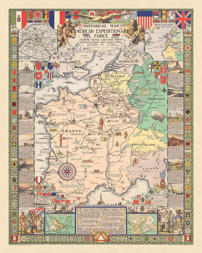 Antiguo mapa pictórico del frente occidental de Stiles, 1932: AEF, París, Meuse-Argonne, Saint-Mihiel, línea Hindenburg