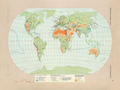 Antiguo mapa infográfico de la economía mundial del agua, 1967: utilización del agua, agricultura, energía