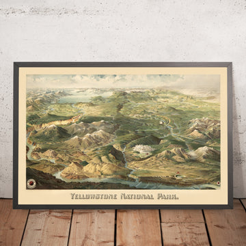 Alte Birdseye-Karte des Yellowstone-Nationalparks von Wellge, 1904: Northern Pacific Park Line, Flüsse, Seen, Mt Sheridan 