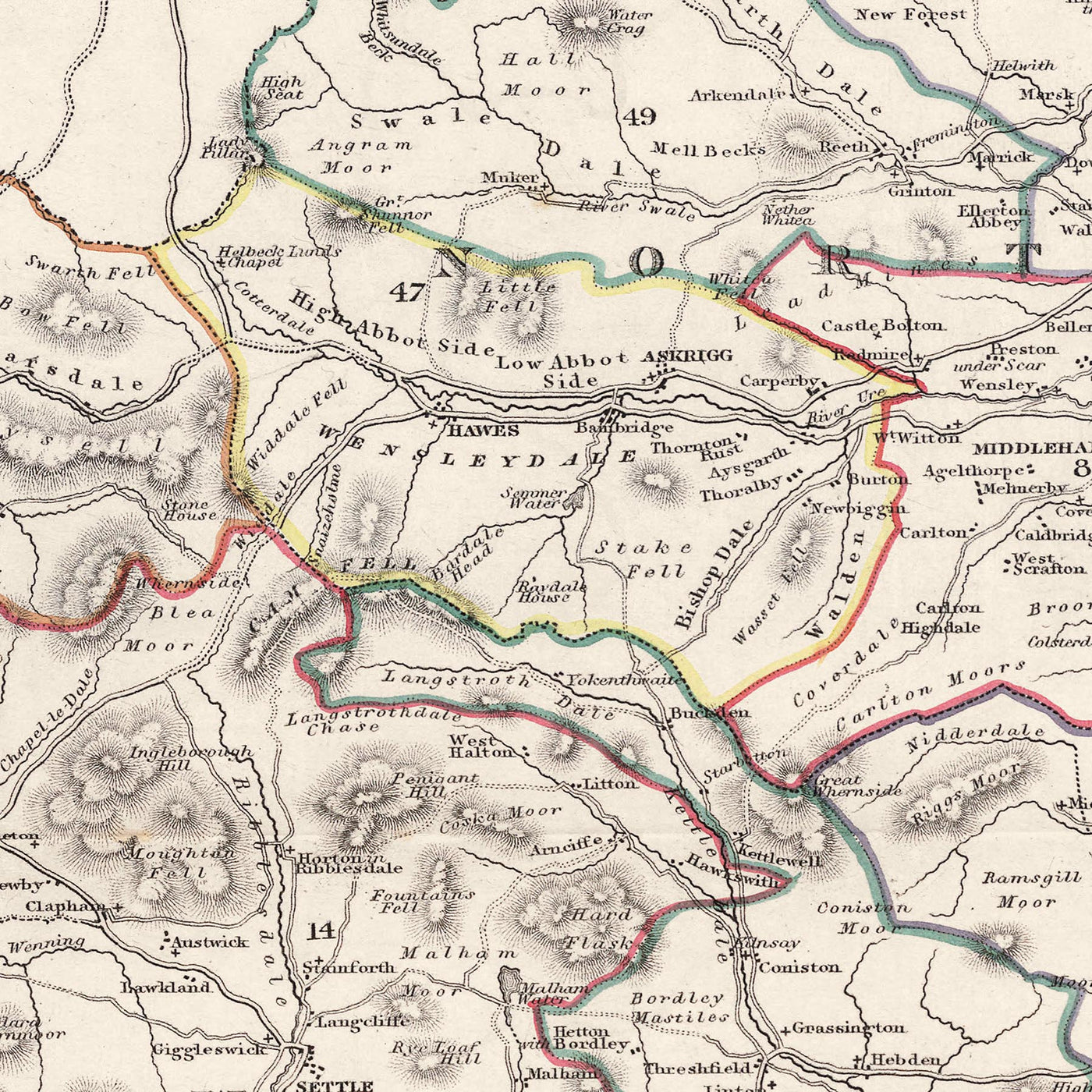Alte Karte von Yorkshire von Samuel Lewis, 1844: Leeds, Sheffield, Bradford, Kingston upon Hull und York 